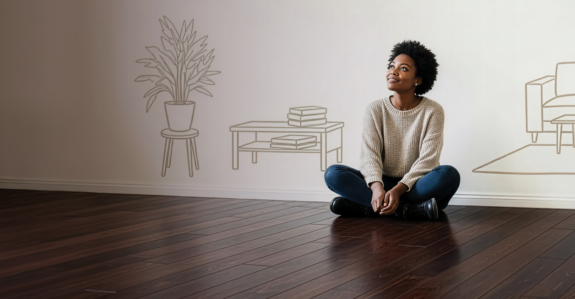 Woman sitting on Hardwood Floor