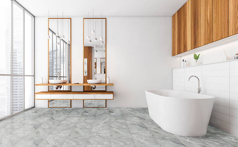 bathroom with tile flooring grey